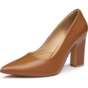 Women's Brown Pointed Toe Chunky Pumps Shoes Block High Heels Comfortable